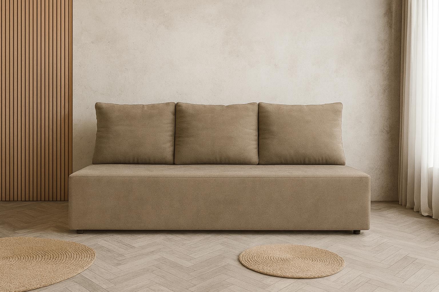 Kanapa 3 osobowa voxi beżowa 188x85x90 cm velvet royal z funkcją spania i pojemnikiem na pościel bez boków, wygodna sofa z materacem T30 nr. 2