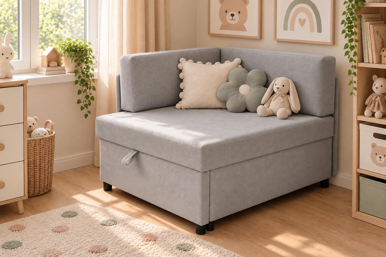 Sofa Viluś 106x75x80 cm szary rozkładana sofa narożna jednoosobowa z funkcją spania i pojemnikiem na pościel nr. 1