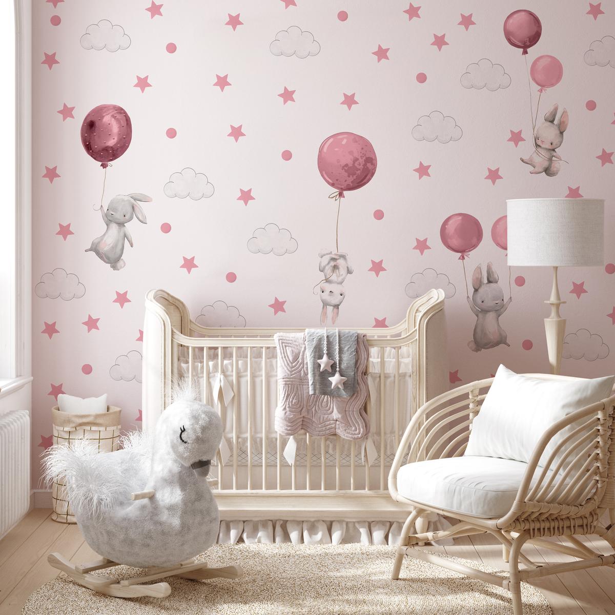 Naklejki Ścienne Dla Dzieci Króliczki Różowe 120x60 Balony Chmurki ZESTAW nr. 7