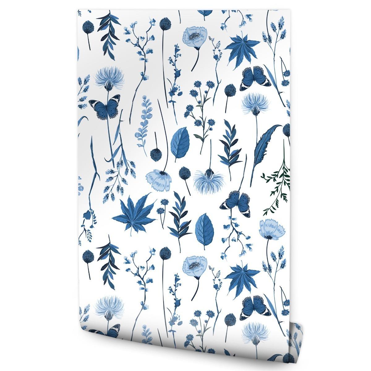 Tapeta Do Sypialni Niebieskie POLNE Kwiaty Motyle 53x1000 