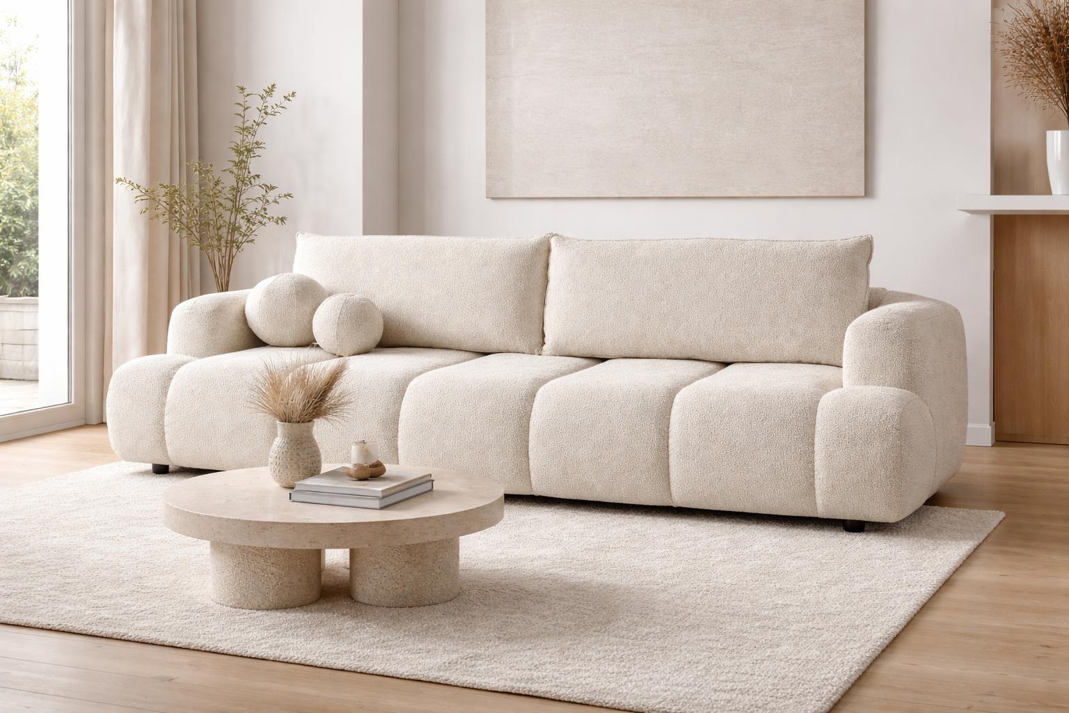 Kanapa rozkładana trzyosobowa Mediolan 250x112x90 cm LOOP sofa z funkcją spania kremowa