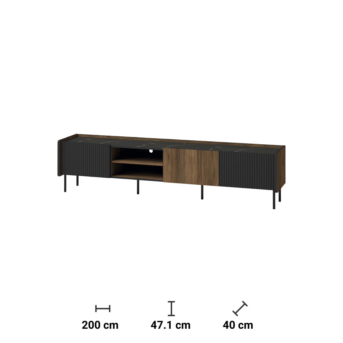 Szafka RTV 200x40x47,1 cm z drzwiczkami orzech i czarny mat do salonu nr. 4