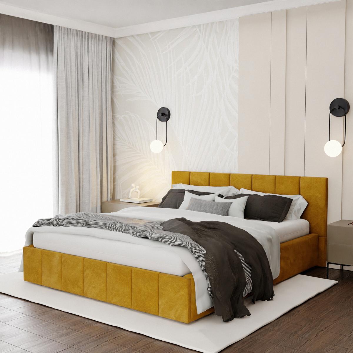 Łóżko tapicerowane 160x200 premium z pojemnikiem do sypialni żółte wezgłowie 107 cm