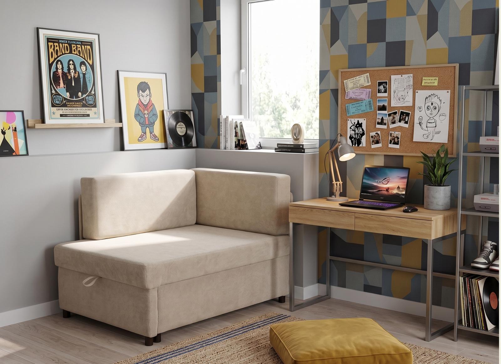 Sofa rozkładana dziecięca Viluś 106x75x80 cm narożnik jednoosobowy do pokoju z funkcją spania i przechowywania dla dzieci beżowy