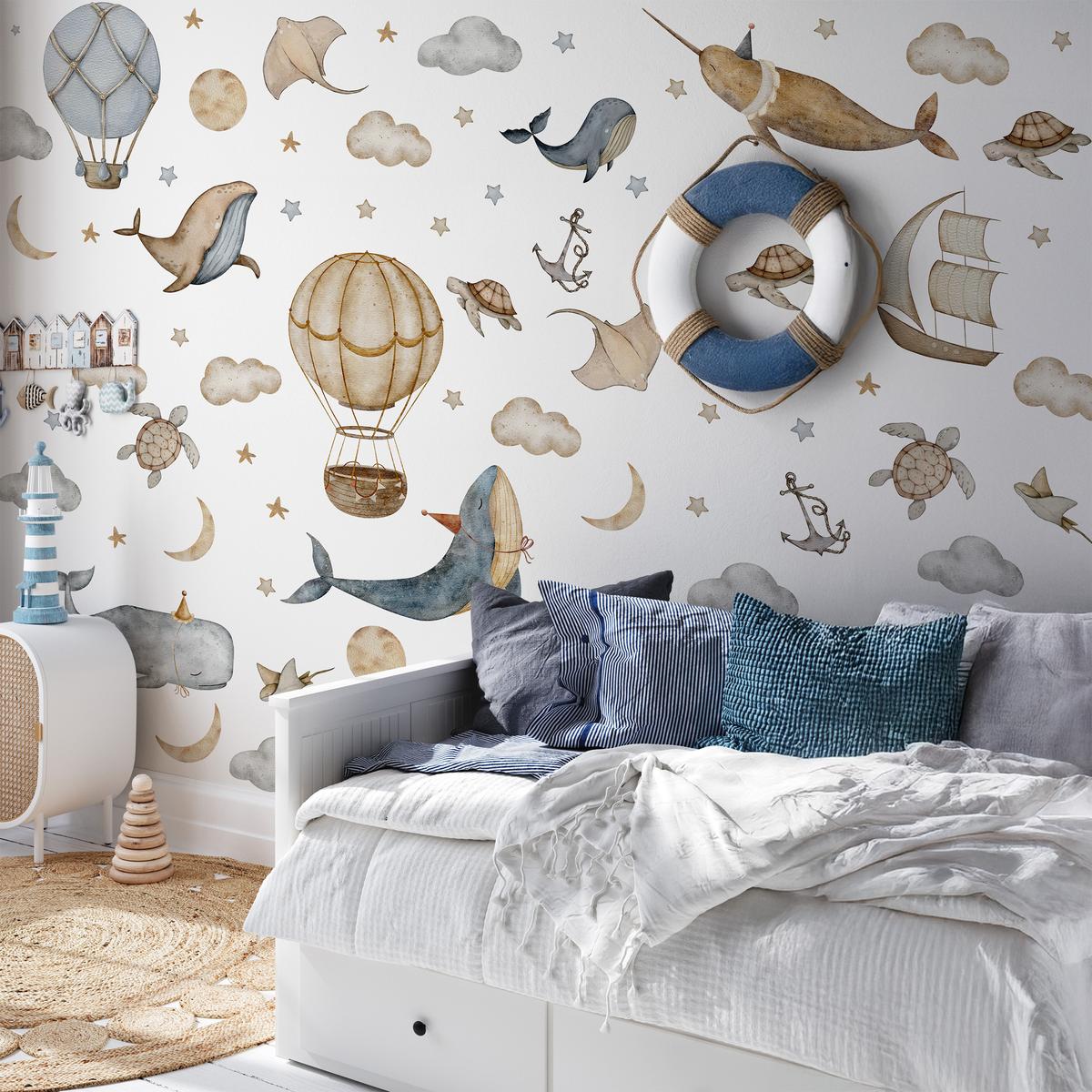 Naklejki Na Ścianę Dla Dzieci Wieloryby Chmury Balony 60x30 Gwiazdy ZESTAW nr. 7