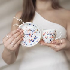 Ręcznie malowana filiżanka 100 ml espresso ze spodkiem - Błękitno-różowe kropki ZDOBIONA ZŁOTEM - Miniaturka zdjęcia nr 3