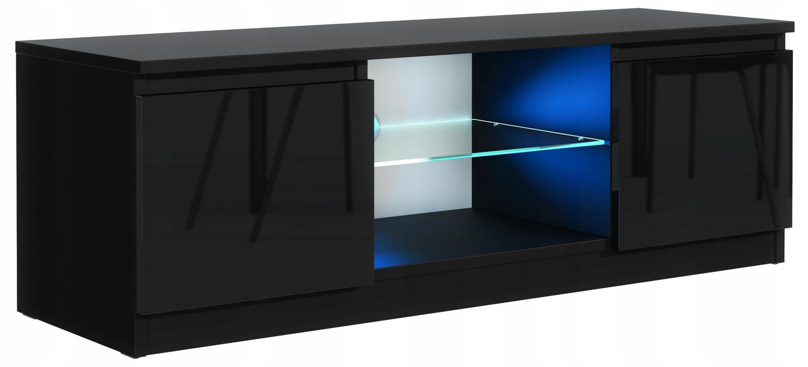 Szafka RTV 120x39x38,5 cm stolik czarny wysoki połysk z LED do salonu