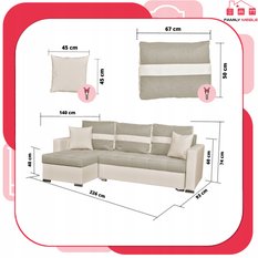 Narożnik FIGO 226x75x140 cm rozkładany z funkcją spania rogówka do salonu beżowy - Miniaturka zdjęcia nr 8