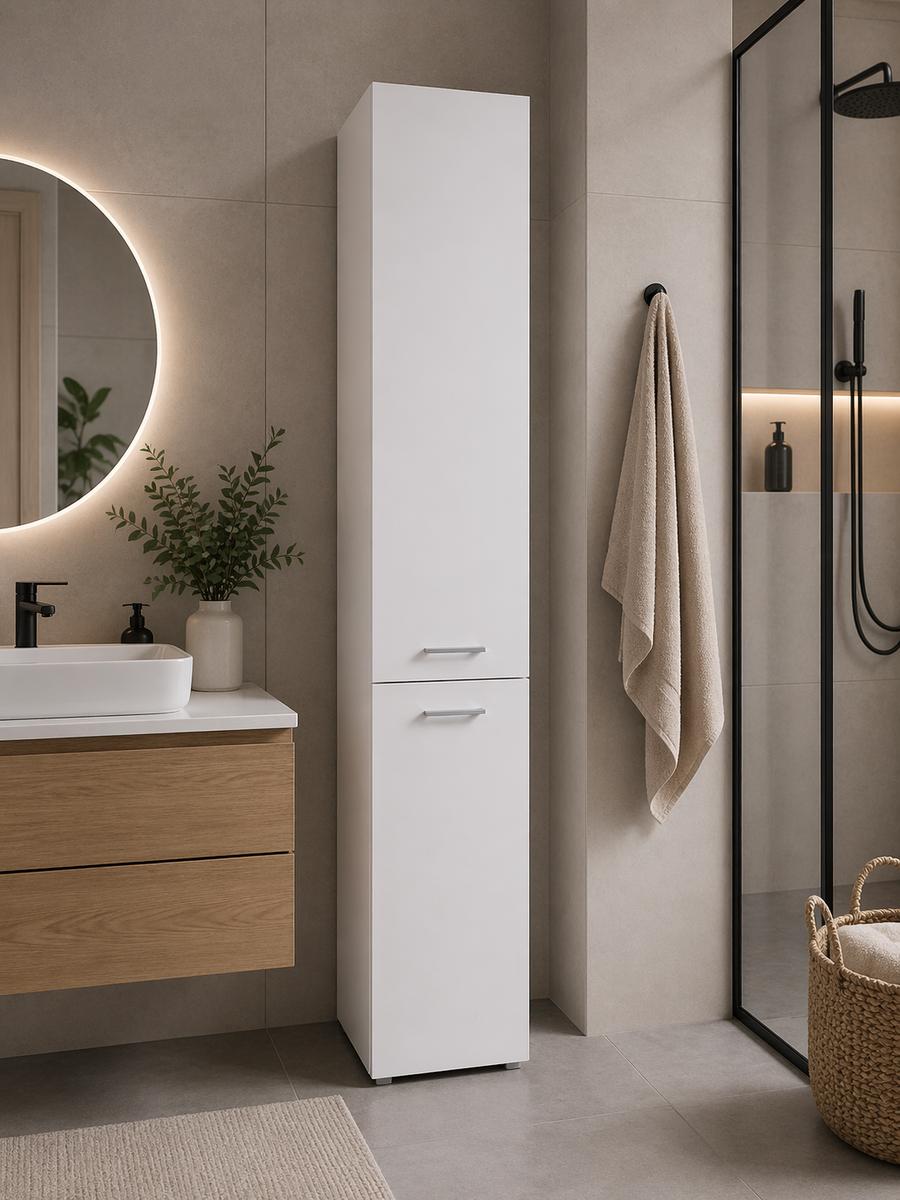 Szafka łazienkowa słupek LUBA I 174×30×30 cm z szafkami i półkami oraz koszem do łazienki biała