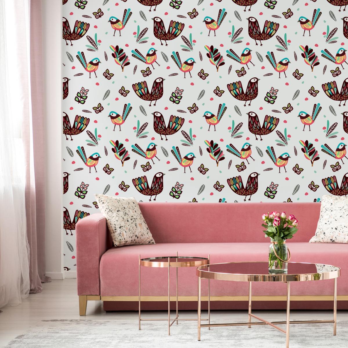 Tapeta Do Pokoju Dziecka Kolorowe PTAKI Pióra Boho  nr. 6