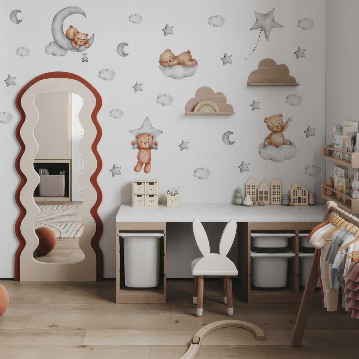 Naklejki Na Ścianę Dla Dzieci Misie 60x30 Szare Księżyce ZESTAW nr. 7