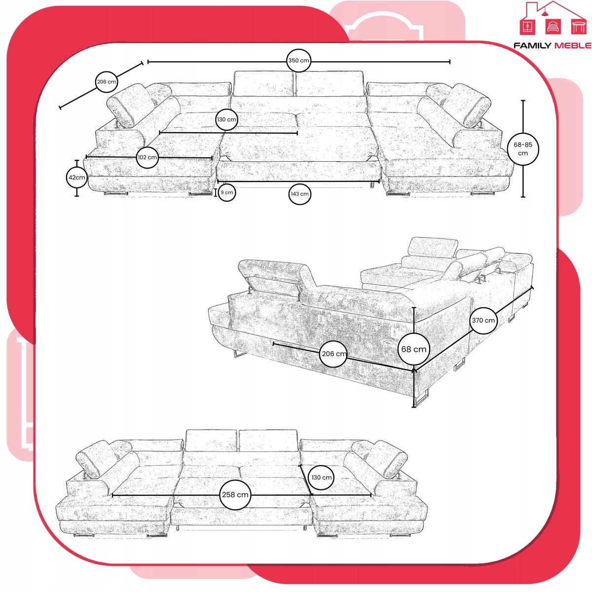 Narożnik Bosso Big 370x206x85 cm kształt U z funkcją spania welur beżowy nr. 8