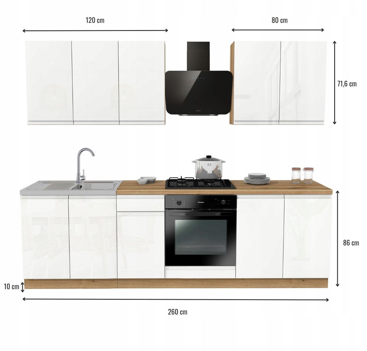 Zestaw mebli kuchennych Lugo 260 cm szafki kuchenne górne dolne biały akryl połysk z blatem Dąb Evoke nr. 3