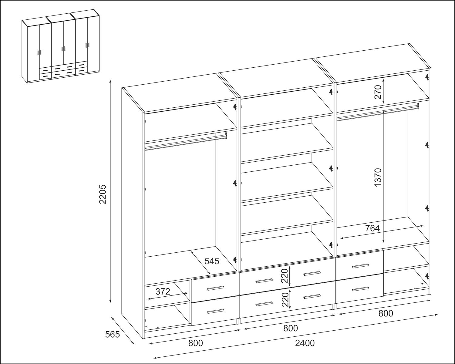 Szafa 6 drzwiowa 240x220x57 cm z lustrem do sypialni garderoba szuflady grafit dąb grand nr. 3