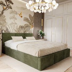 Łóżko tapicerowane do sypialni 180x200x88 cm podwójne z pojemnikiem modne khaki - Miniaturka zdjęcia nr 1