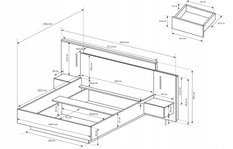 Łóżko ze stolikami + oświetlenie 264x102x218 cm system 3D biały / craft złoty do sypialni  - Miniaturka zdjęcia nr 3