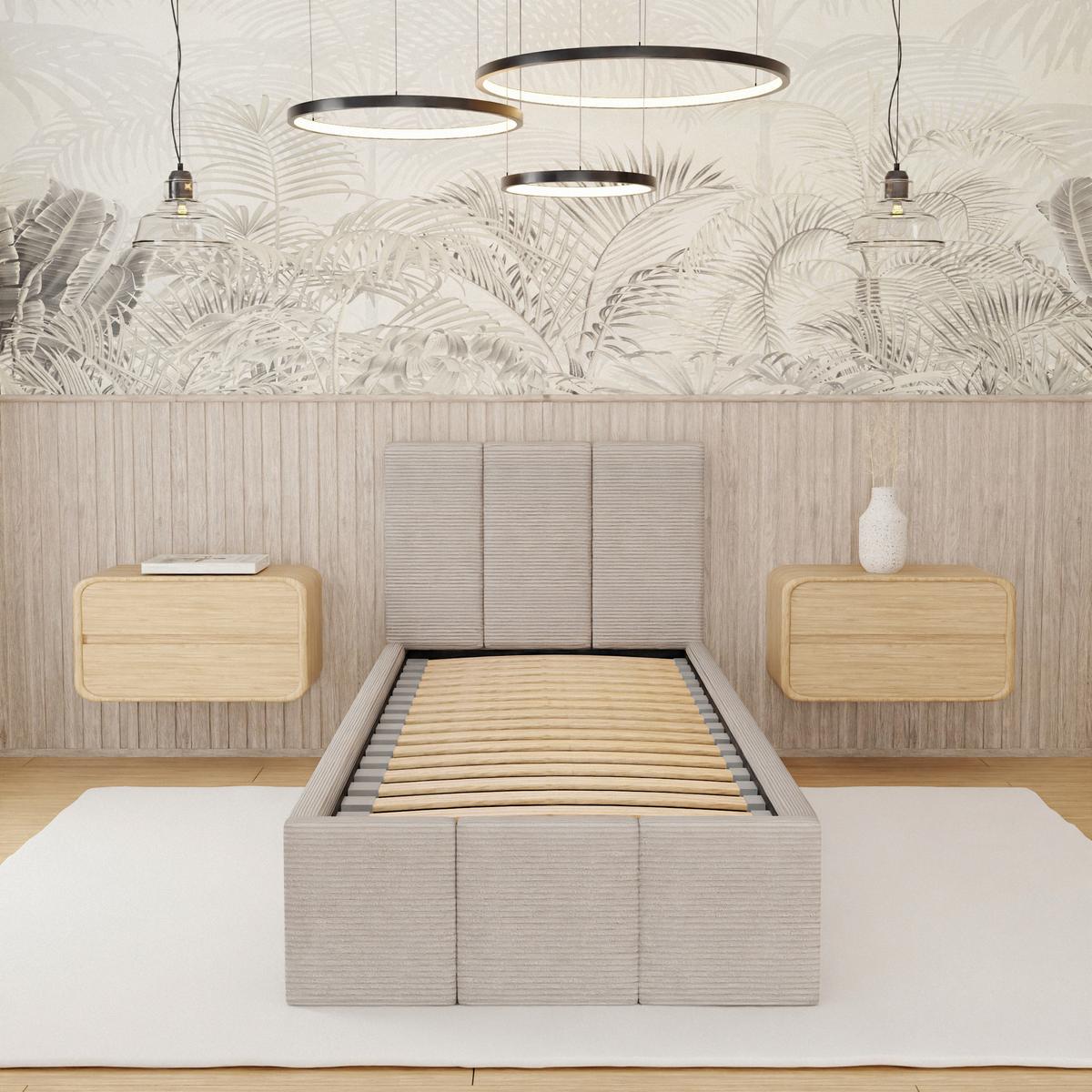 Łóżko Tapicerowane Do Sypialni 90x200cm Podwójne z Pojemnikiem Beżowe nr. 5