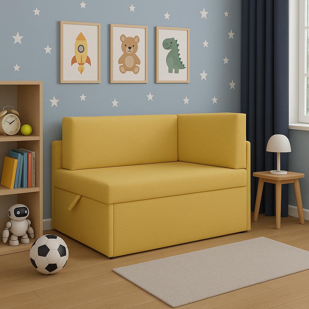 Sofa dziecięca Viluś 108x81x78 cm rozkładany narożnik jednoosobowy do pokoju z funkcją spania i przechowywania dla dzieci żółty
