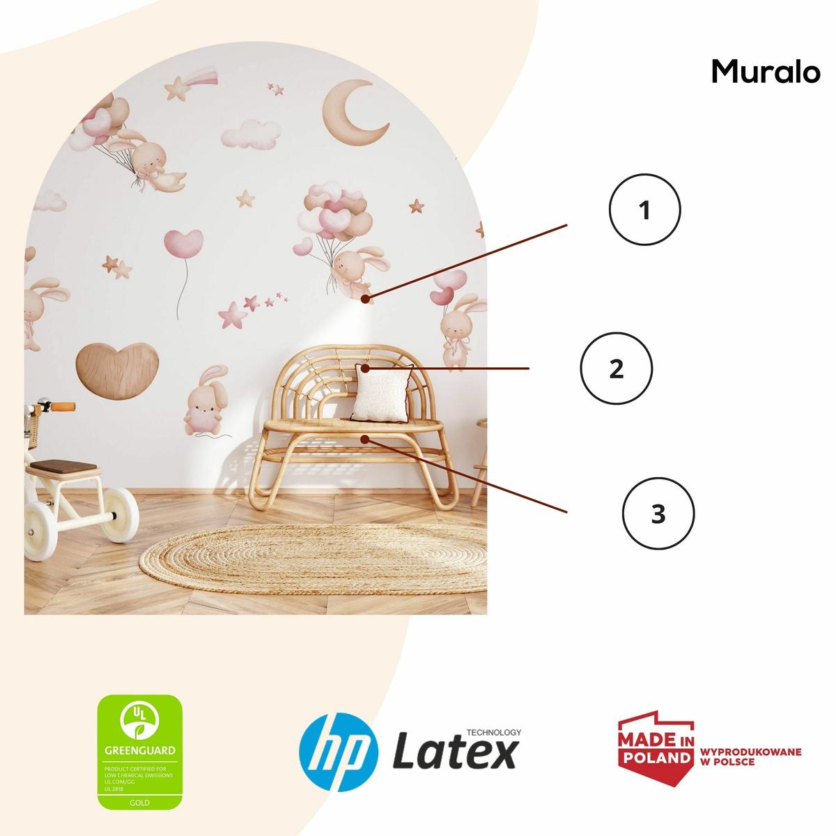 Naklejki Ścienne Dla Dzieci Króliczki Balony 120x60 Serca Gwiazdy ZESTAW nr. 3