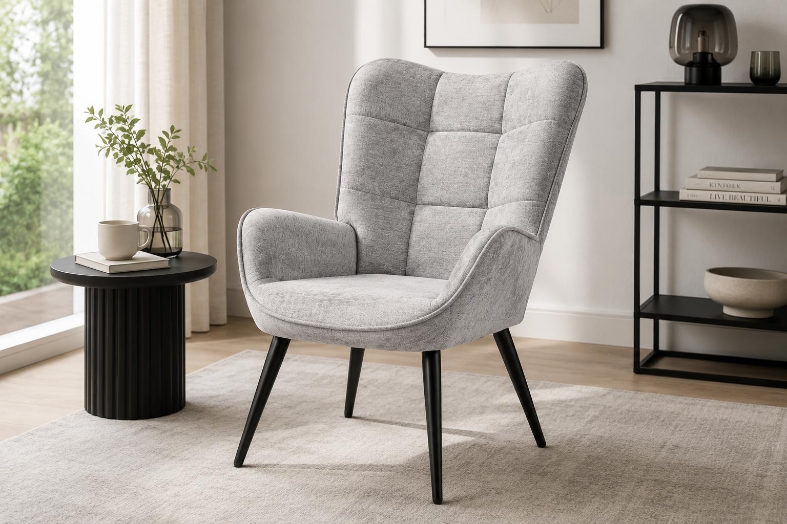 Fotel uszak tapicerowany wypoczynkowy 69x63x89 cm do salonu biura nogi czarne, szenil jasnoszary