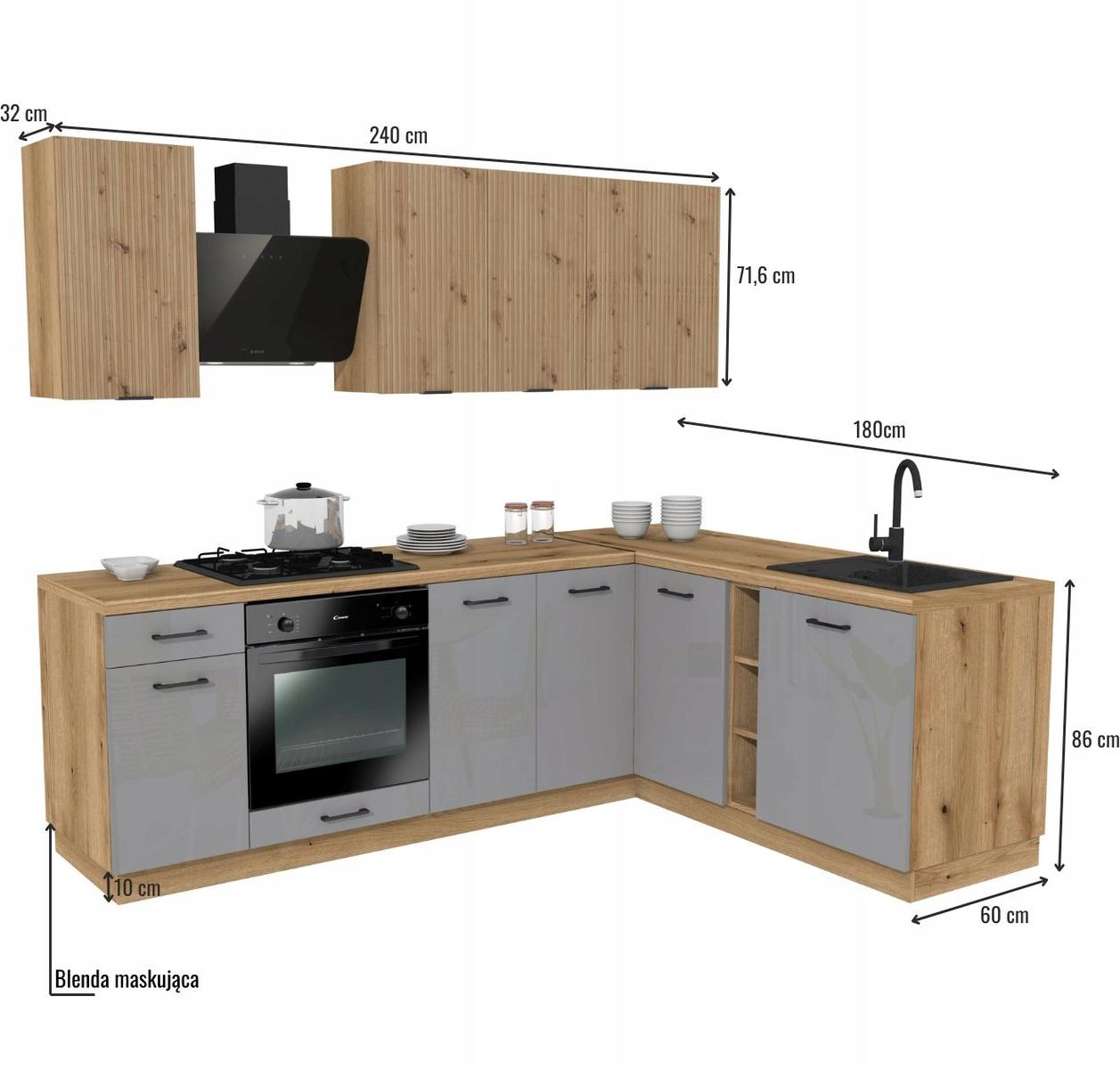 Zestaw mebli kuchennych MIX  240x180 cm kuchnia narożna szafki kuchenne górne dolne szary połysk/dąb artisan z blatem dąb evoke nr. 3