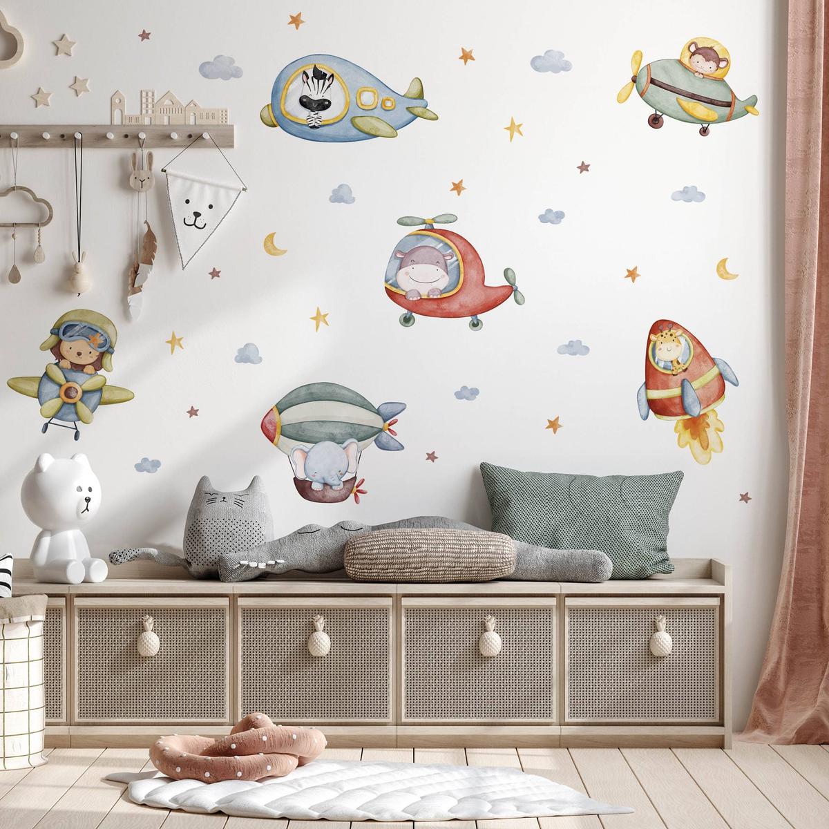 Naklejki Dla Dzieci Zwierzątka Chmury Gwiazdy 120x60 Samoloty ZESTAW nr. 4