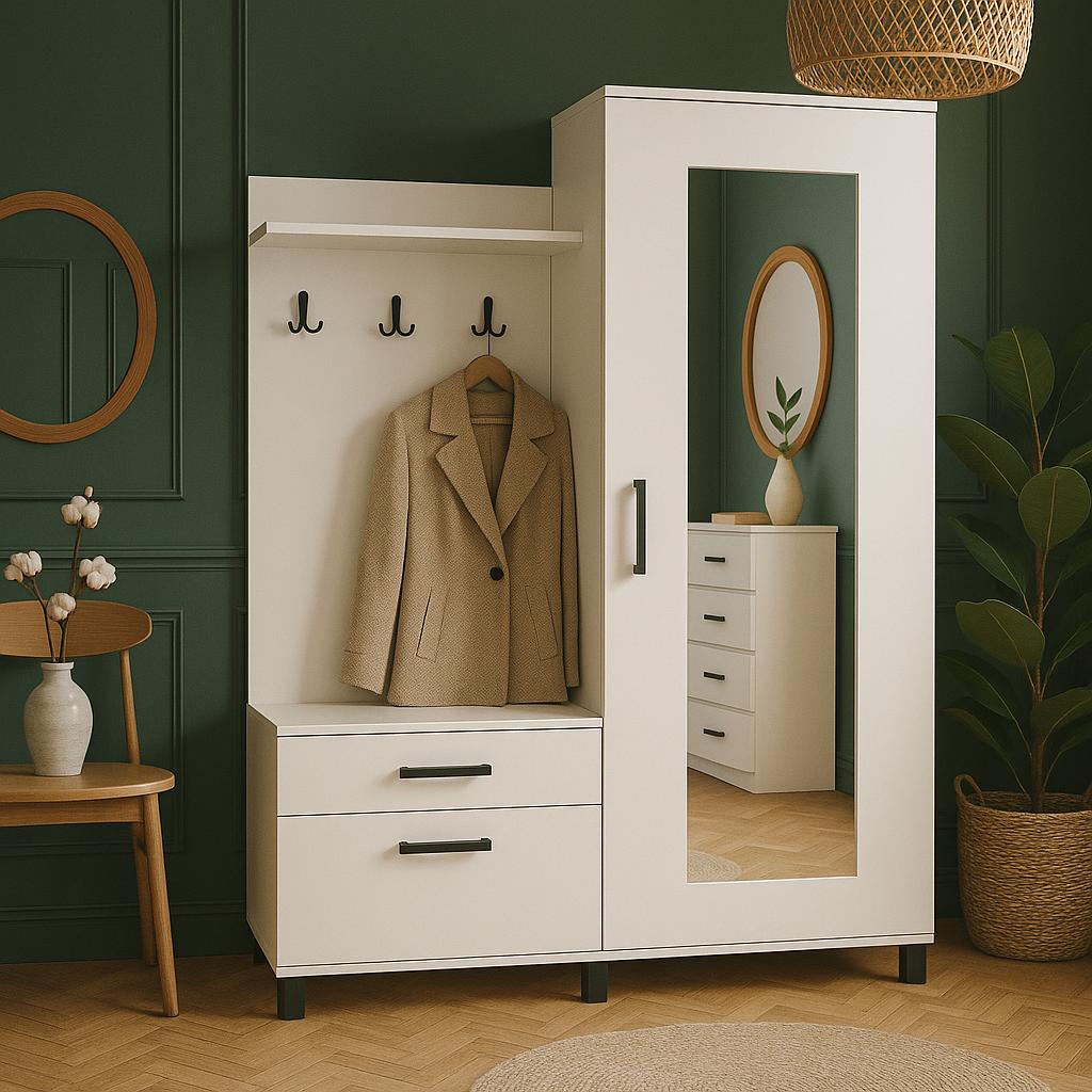 Garderoba do przedpokoju DUO 190x108x40 cm z lustrem wieszakami szafka na buty biały mat PRZEDSPRZEDAŻ nr. 1