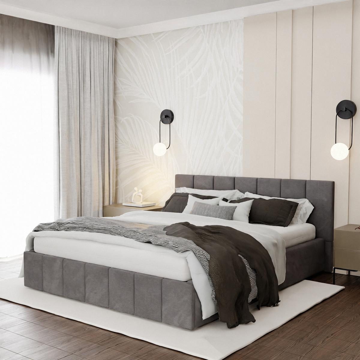 Łóżko tapicerowane 160x200 premium z pojemnikiem do sypialni grafitowe wezgłowie 107 cm
