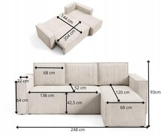 Narożnik CORDA 248x150x93 cm z funkcją spania automatem i pojemnikiem sztruks różowy do salonu - Miniaturka zdjęcia nr 15