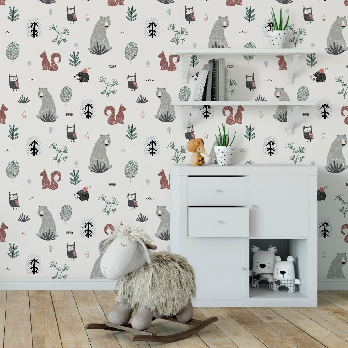 Tapeta Dziecięca MISIE Sowy Wiewiórki Jeże Drzewa  nr. 4