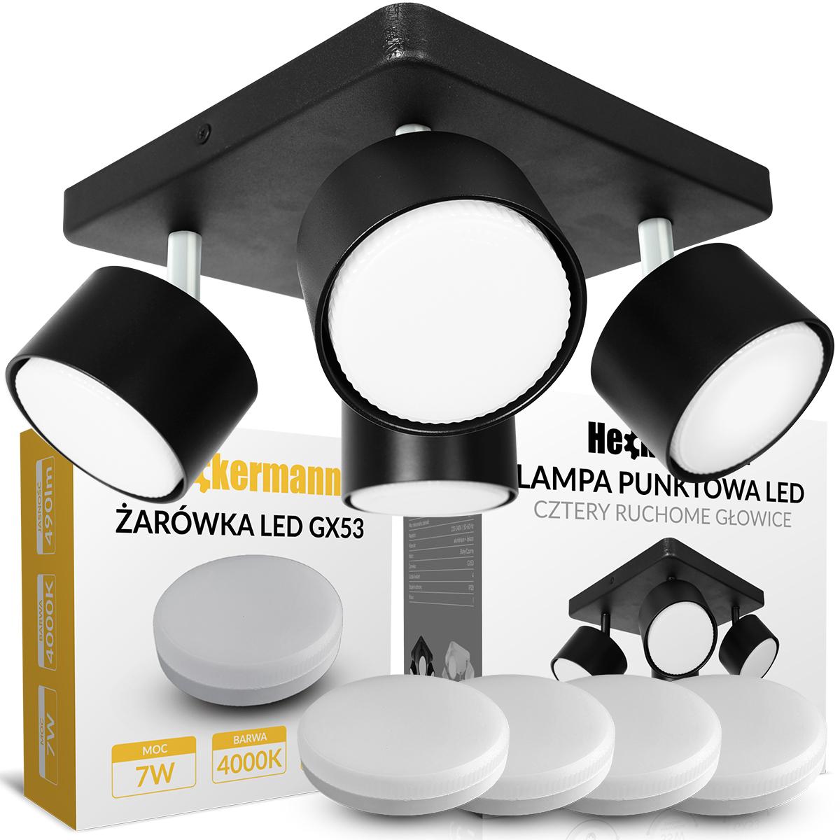 Lampa sufitowa punktowa LED Heckermann 8795318A Czarna 4x głowica + 4x Żarówka LED GX53 7W Neutral