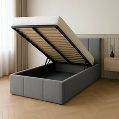 Łóżko Pojedyncze 90x200cm łóżko tapicerowane z pojemnikiem szare do sypialni wezgłowie 110 cm - Miniaturka zdjęcia nr 2