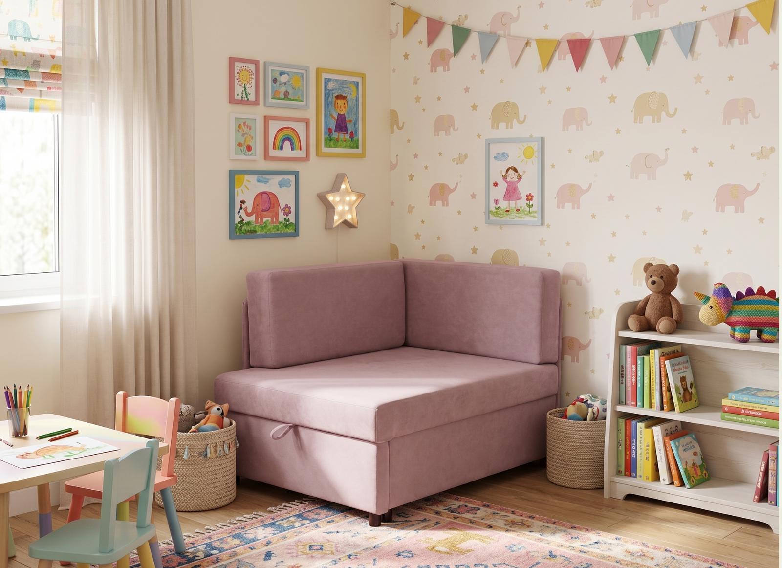 Łóżko rozkładane dla dzieci Viluś 106x75x80 cm sofa narożnik jednoosobowy do pokoju z funkcją spania i przechowywania różowy