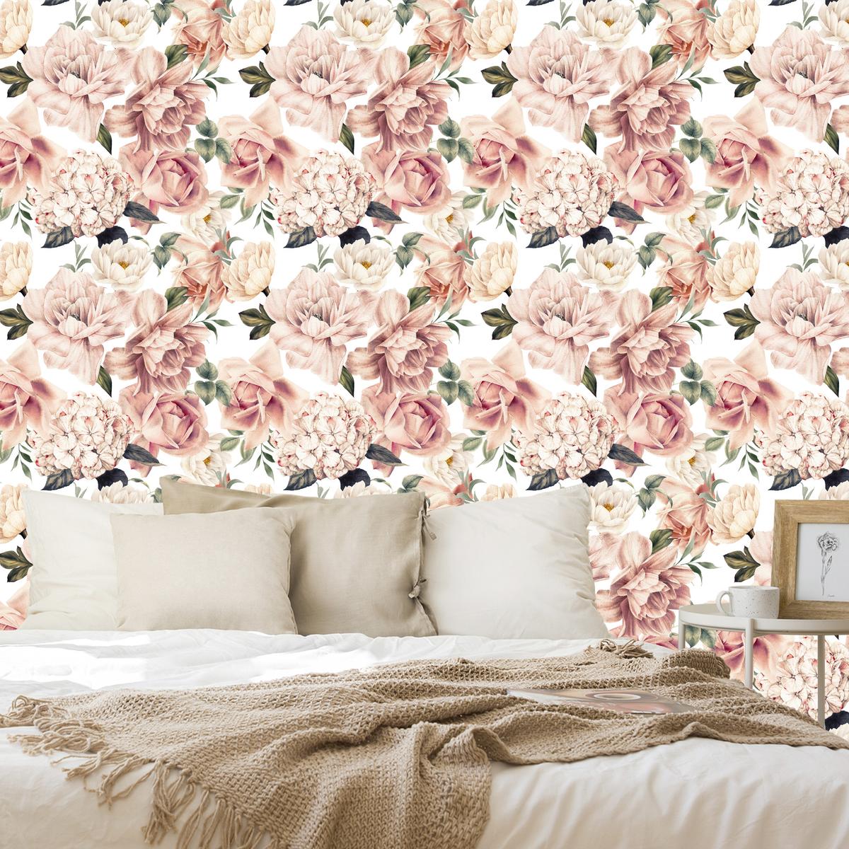 Tapeta Do Sypialni Różowe KWIATY Róże Peonie Hortensje Styl Vintage  nr. 7