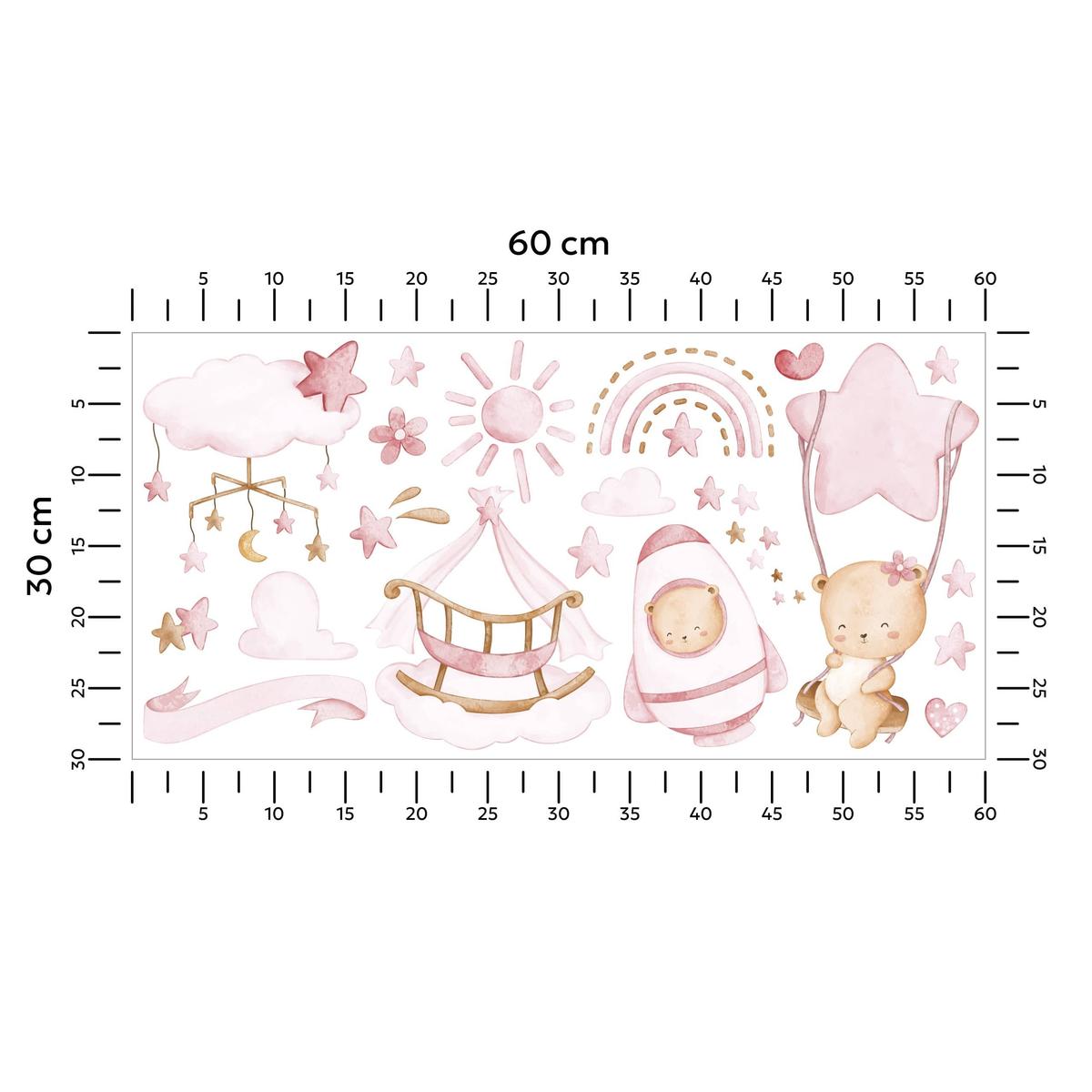 Naklejki Na Ścianę Dla Dzieci Misie Różowe 60x30 Chmurki Rakieta ZESTAW nr. 2