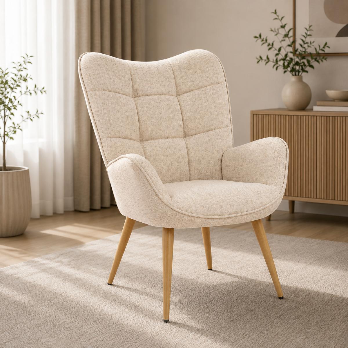 Fotel VIA tapicerowany wypoczynkowy 69x63x89 cm do salonu biura nogi dąb beżowy