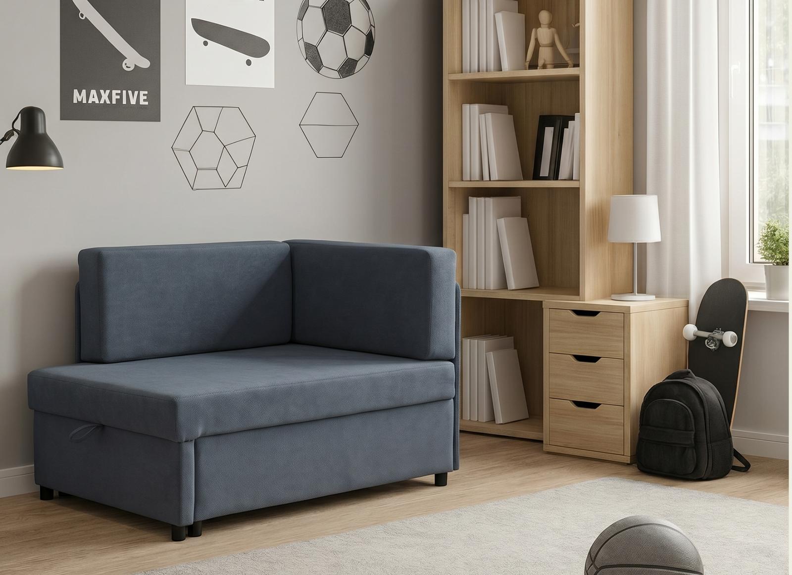 Sofa rozkładana dziecięca Viluś 108x81x78 cm narożnik jednoosobowy do pokoju z funkcją spania i przechowywania dla dzieci grafit