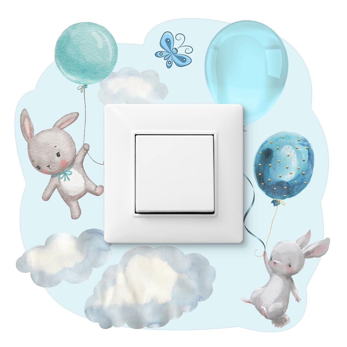 Naklejka Pod Włącznik Kontakt Króliczki Niebieskie 20x20  Balony Do Pokoju Dziecka