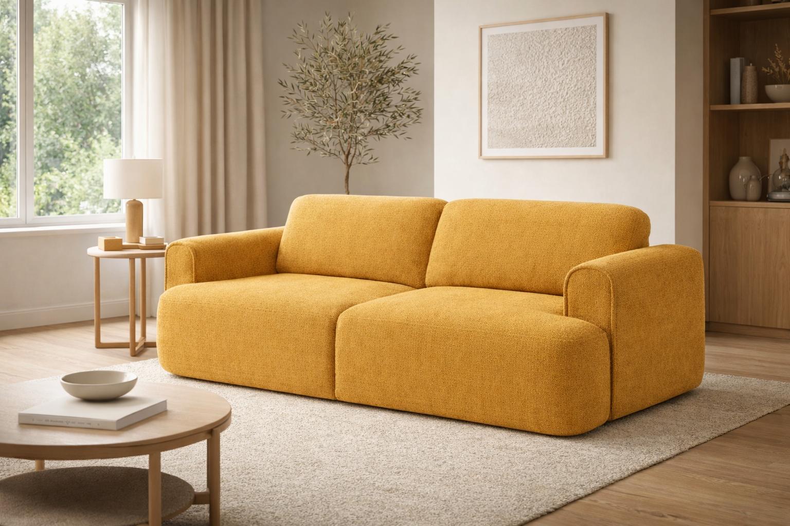 Kanapa z funkcją spania ITALY 253x110x71 cm FLOW trzyosobowa sofa rozkładana musztardowy
