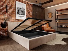 Łóżko tapicerowane do sypialni podwójne 160x200x120 cm z pojemnikiem automatyczny otwierany schowek na pościel beżowy - Miniaturka zdjęcia nr 10