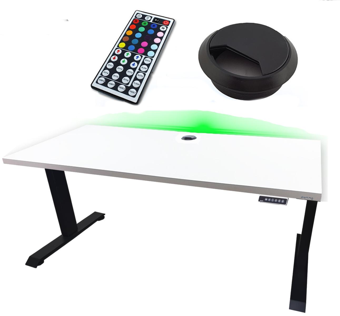 Biurko gamingowe elektryczne model 2 LOW 160x80x70-118 cm regulowane nogi LED RGB pilot przepust białe