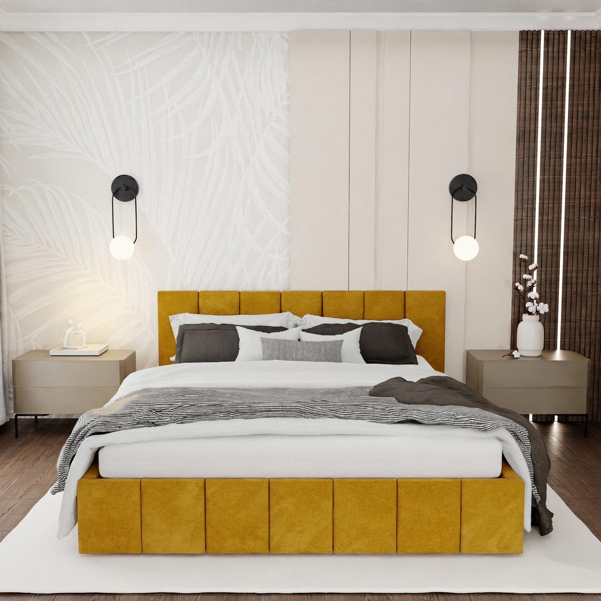 Łóżko tapicerowane 140x200 premium z pojemnikiem do sypialni żółte wezgłowie 107 cm nr. 2