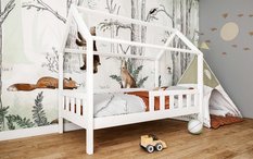 Łóżko domek LUNA 160x150x80 cm dla dzieci z barierkami do pokoju dziecięcego białe