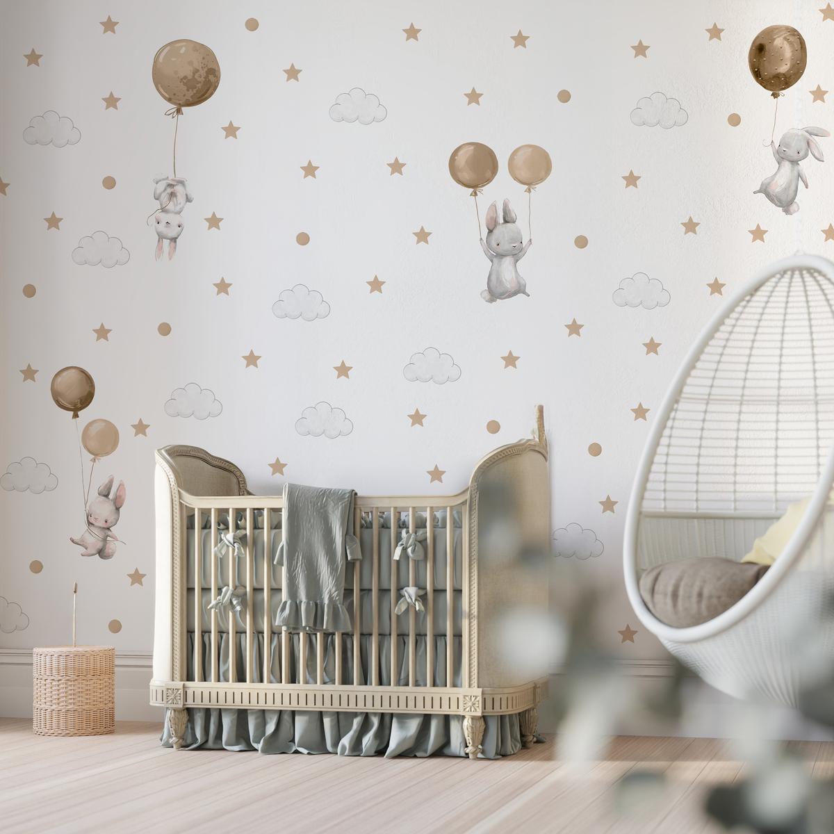 Naklejki Na Ścianę Dla Dzieci Króliczki 120x60 Balony Gwiazdy ZESTAW nr. 6