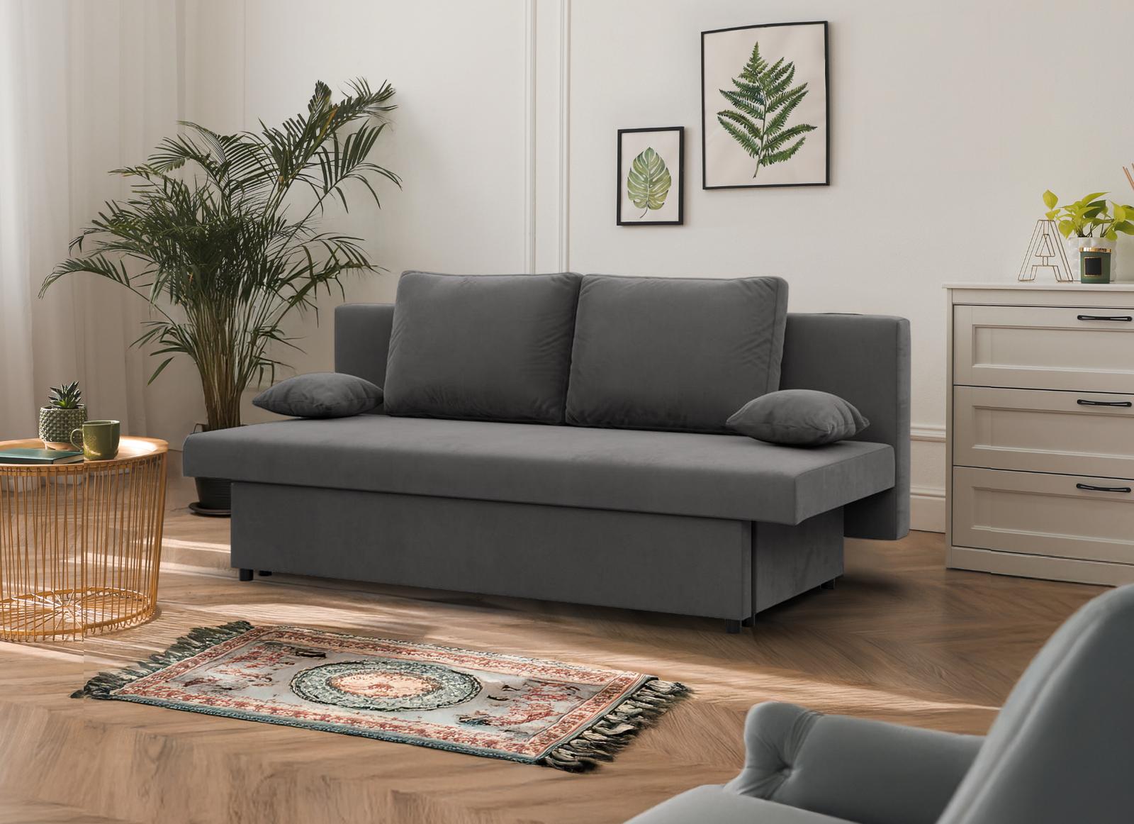 Kanapa 3-osobowa NOLA 191x92x91 cm sofa rozkładana z pojemnikiem sprężyna bonell do pokoju do salonu szara