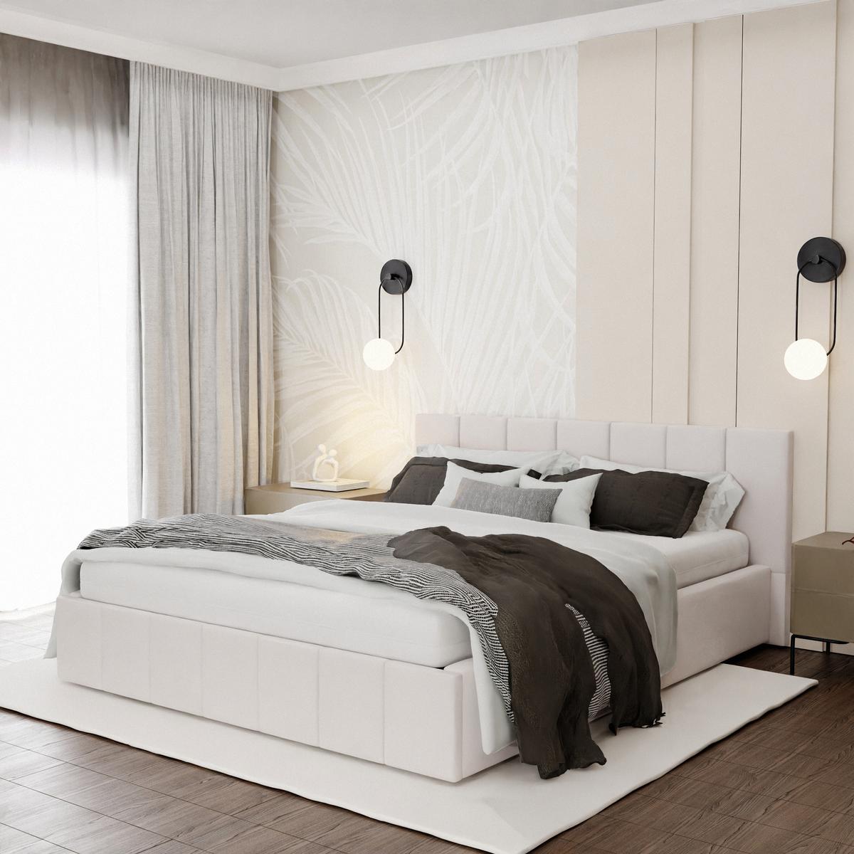 Łóżko tapicerowane 140x200 premium z pojemnikiem do sypialni kremowe wezgłowie 107 cm