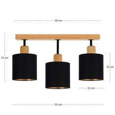 Lampa sufitowa 55x15x31  cm trzypunktowy spot z drewna gwint E27 czarna do salonu - Miniaturka zdjęcia nr 4