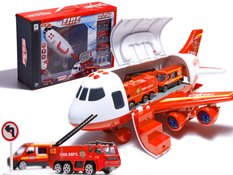 Transporter samolot + 3 pojazdy straż pożarna zabawka dla dzieci czerwona 41,5x31,5x14 cm