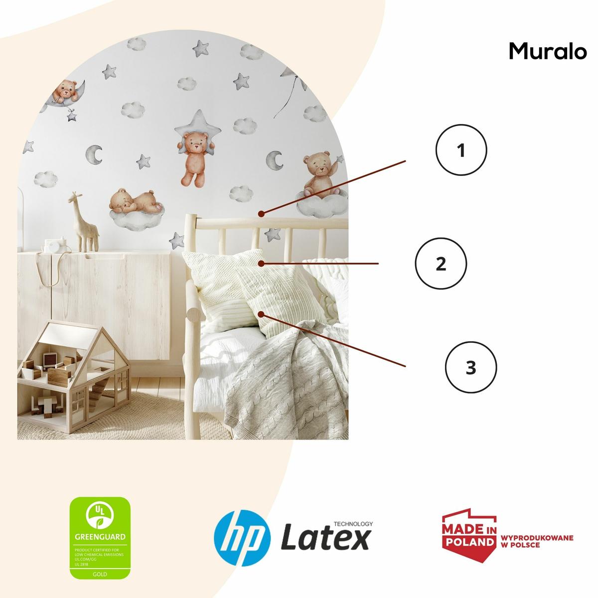 Naklejki Na Ścianę Dla Dzieci Misie 60x30 Szare Księżyce ZESTAW nr. 3