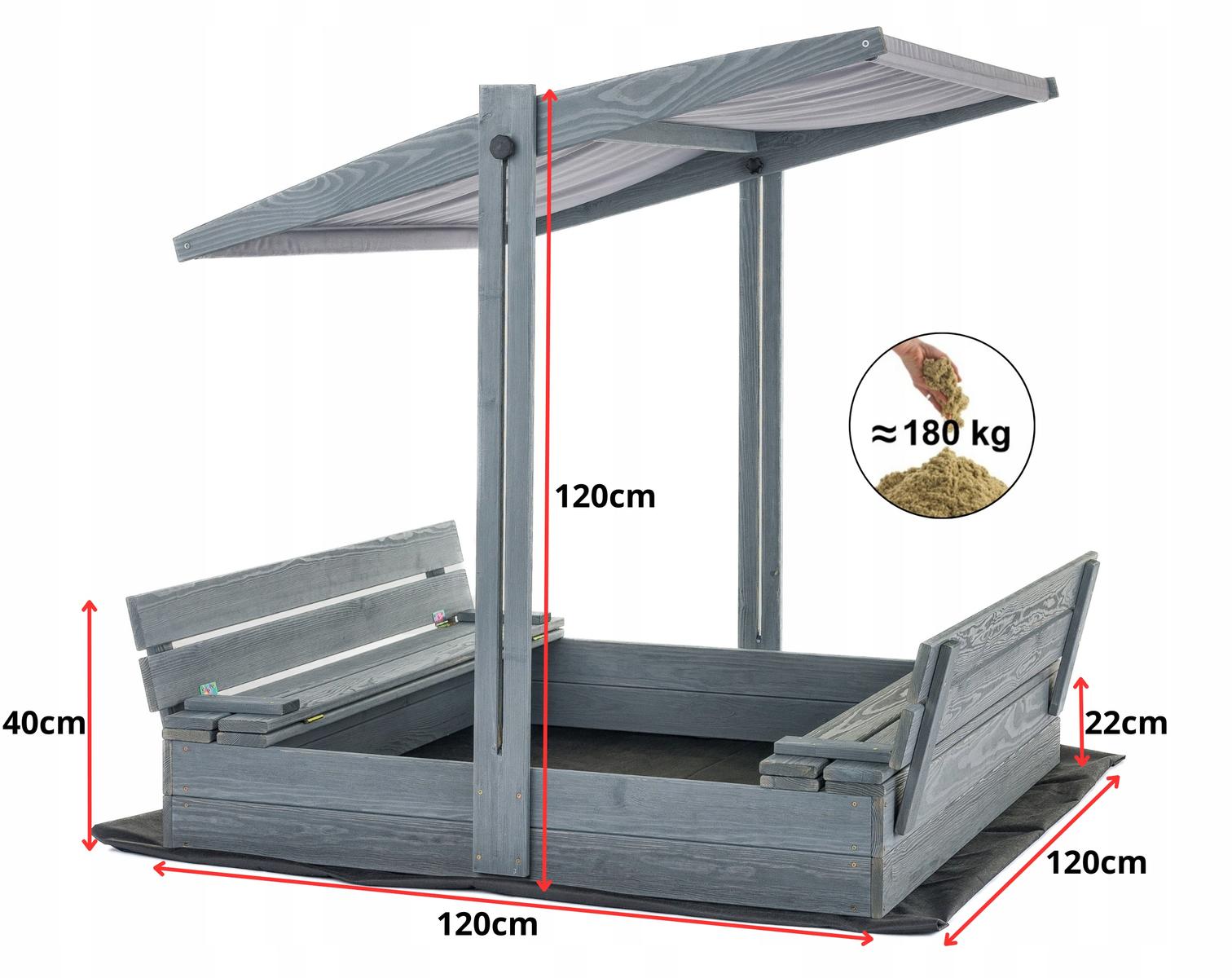 Piaskownica impregnowana 120x120x120 cm drewniana zamykana z ławkami do ogrodu dla szara z niebieskim daszkiem nr. 4